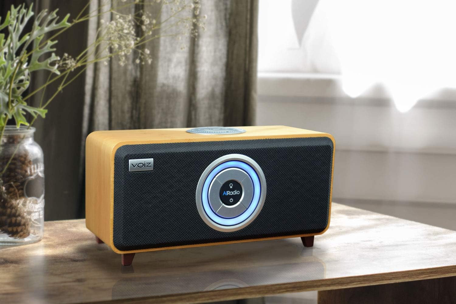 Bluetooth Smart Speaker, Built-In Alexa, Wifi and Streaming Capable, Sustainable Bamboo Wood Cabinet, Airadio, Black, VR-80B