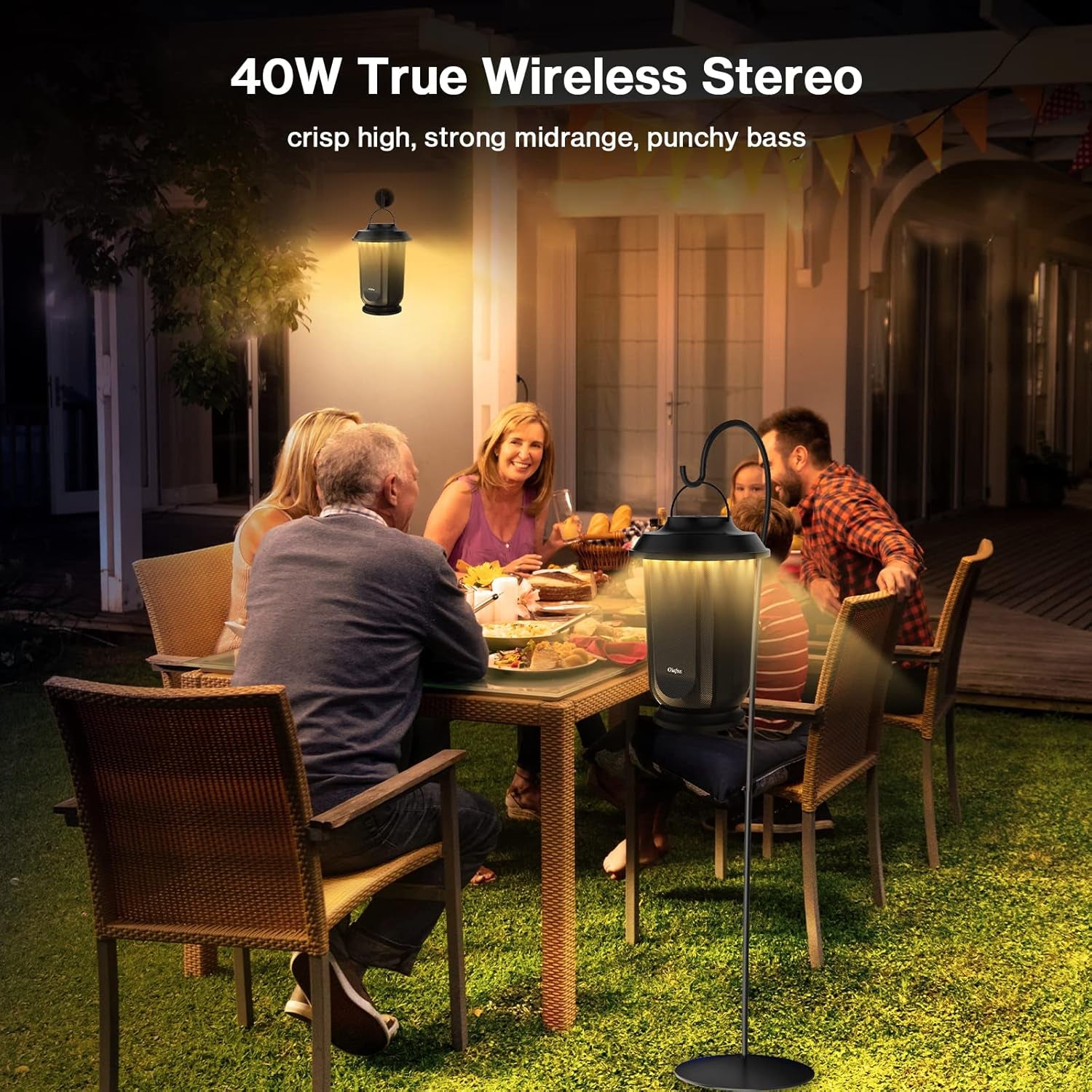 Outdoor Bluetooth Speakers 2 Packs, 40W True Wireless Stereo Patio Speaker Dual Pairing Lantern Speaker, 20 Warm White LED, Rich Bass for Garden Yard Camping