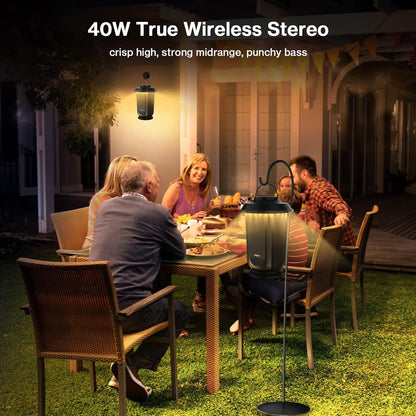 Outdoor Bluetooth Speakers 2 Packs, 40W True Wireless Stereo Patio Speaker Dual Pairing Lantern Speaker, 20 Warm White LED, Rich Bass for Garden Yard Camping