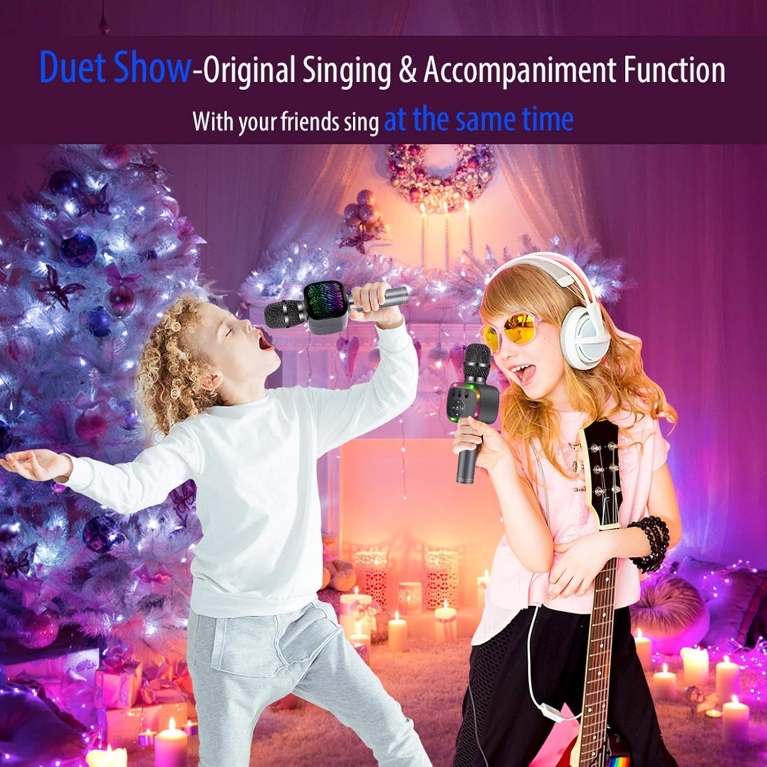 Wireless Bluetooth Karaoke Microphone with Dual Sing, LED Lights, Portable Handheld Mic Speaker Machine for Kids Toys/Pc/Outdoor/Birthday/Home/Party(Space Gray)