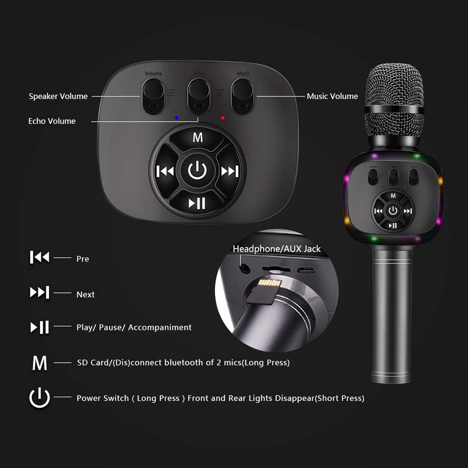 Wireless Bluetooth Karaoke Microphone with Dual Sing, LED Lights, Portable Handheld Mic Speaker Machine for Kids Toys/Pc/Outdoor/Birthday/Home/Party(Space Gray)