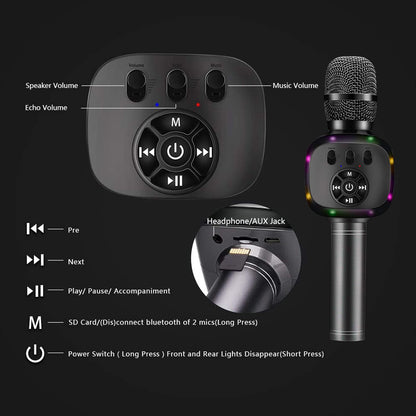 Wireless Bluetooth Karaoke Microphone with Dual Sing, LED Lights, Portable Handheld Mic Speaker Machine for Kids Toys/Pc/Outdoor/Birthday/Home/Party(Space Gray)