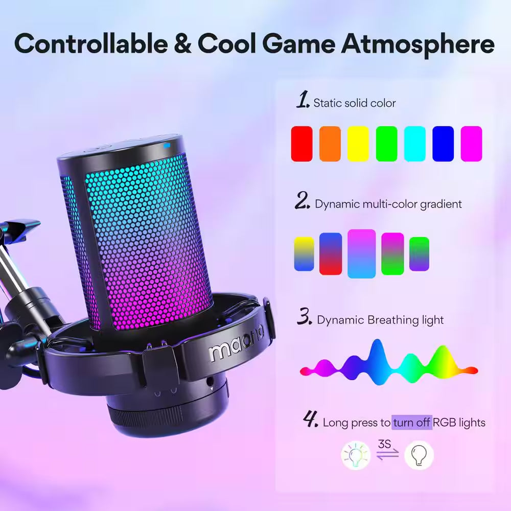 Multifunction USB Noise Cancelling Gaming Microphone in Black with Contollable RGB Light