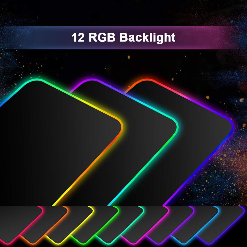 RGB Gaming Mouse Pad, Large Extended Led Mousepad 31.5×12 Inches, Non-Slip Rubber Base Desk Pad with 12 Lighting Modes, Smooth High Precision Mouse Mat for Keyboard Stitched Edges