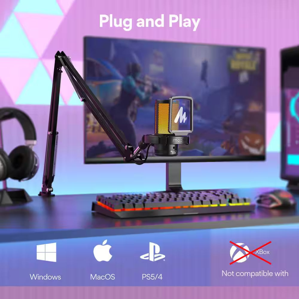 Multifunction USB Noise Cancelling Gaming Microphone in Black with Contollable RGB Light