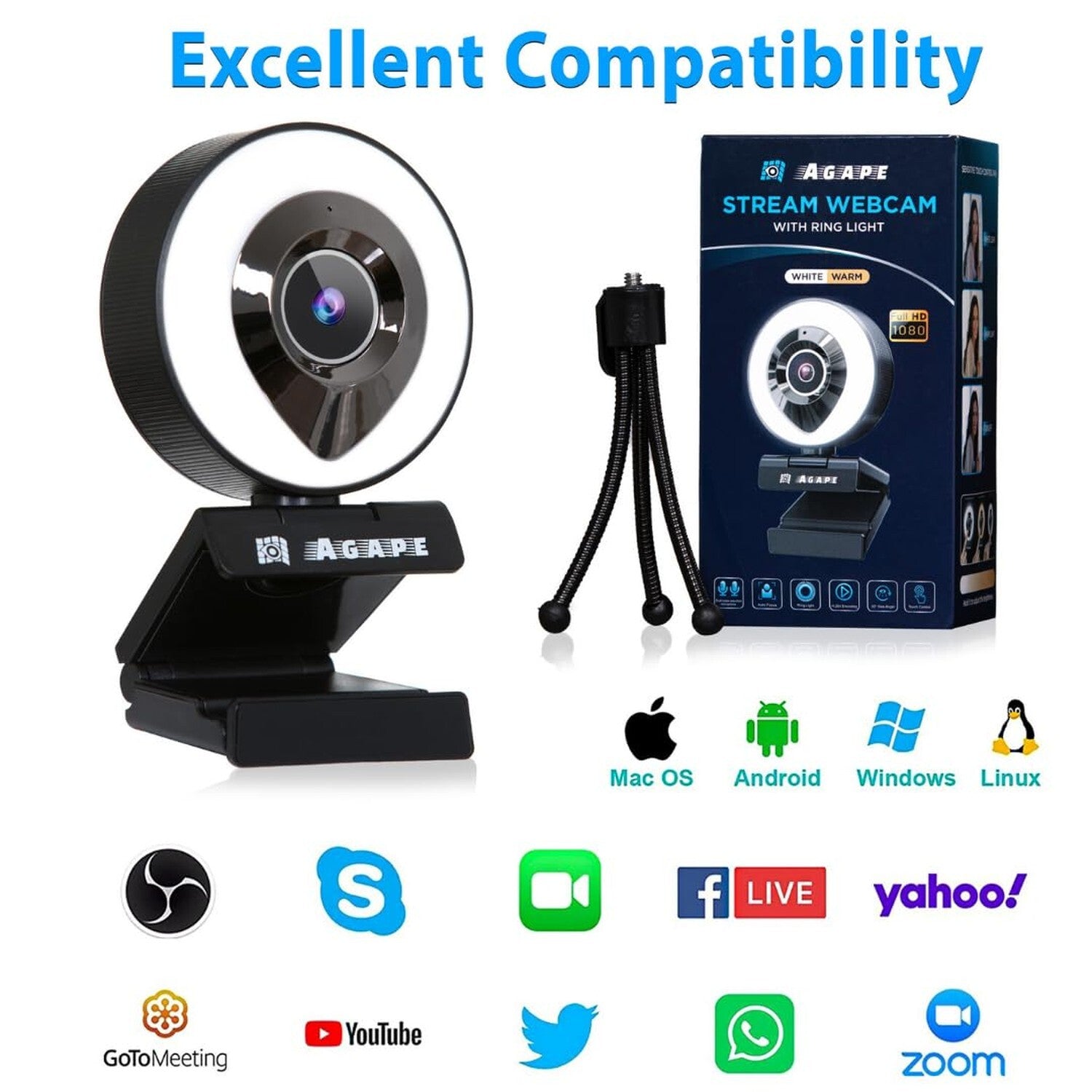 Agape Streaming Webcam with Dual Microphone 1080P Adjustable Right Light Pro ...
