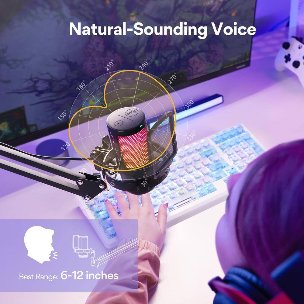 Multifunction USB Noise Cancelling Gaming Microphone in Black with Contollable RGB Light