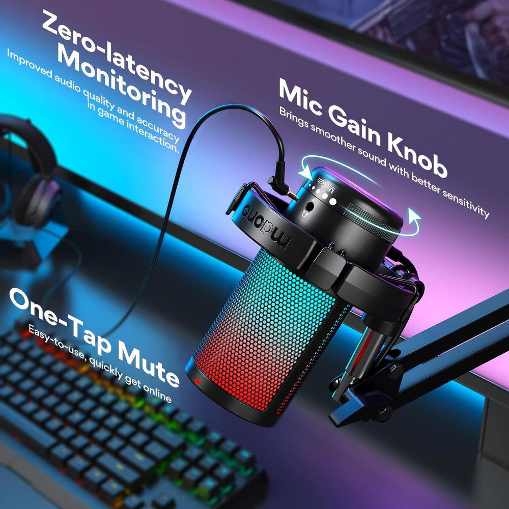 Multifunction USB Noise Cancelling Gaming Microphone in Black with Contollable RGB Light