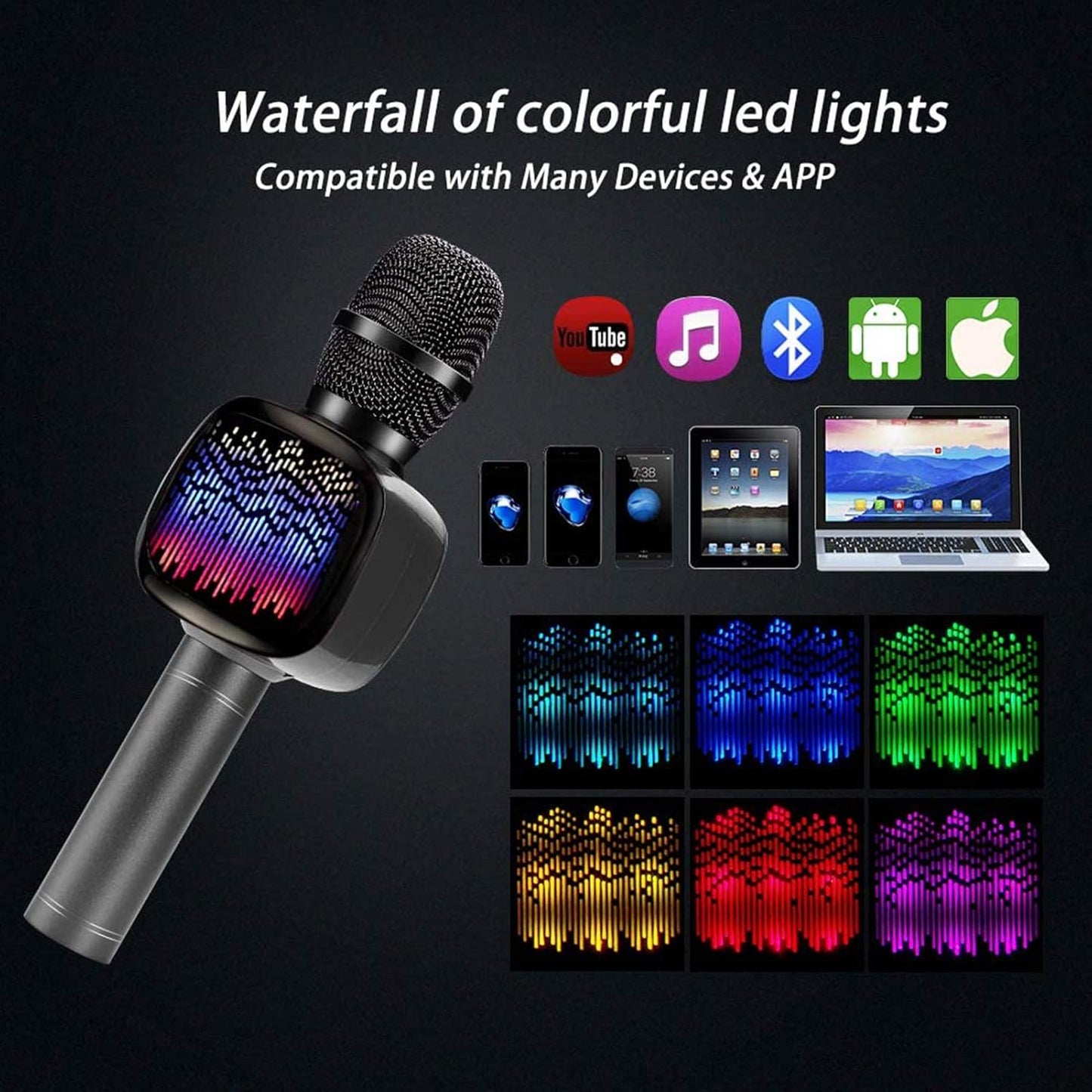 Wireless Bluetooth Karaoke Microphone with Dual Sing, LED Lights, Portable Handheld Mic Speaker Machine for Kids Toys/Pc/Outdoor/Birthday/Home/Party(Space Gray)