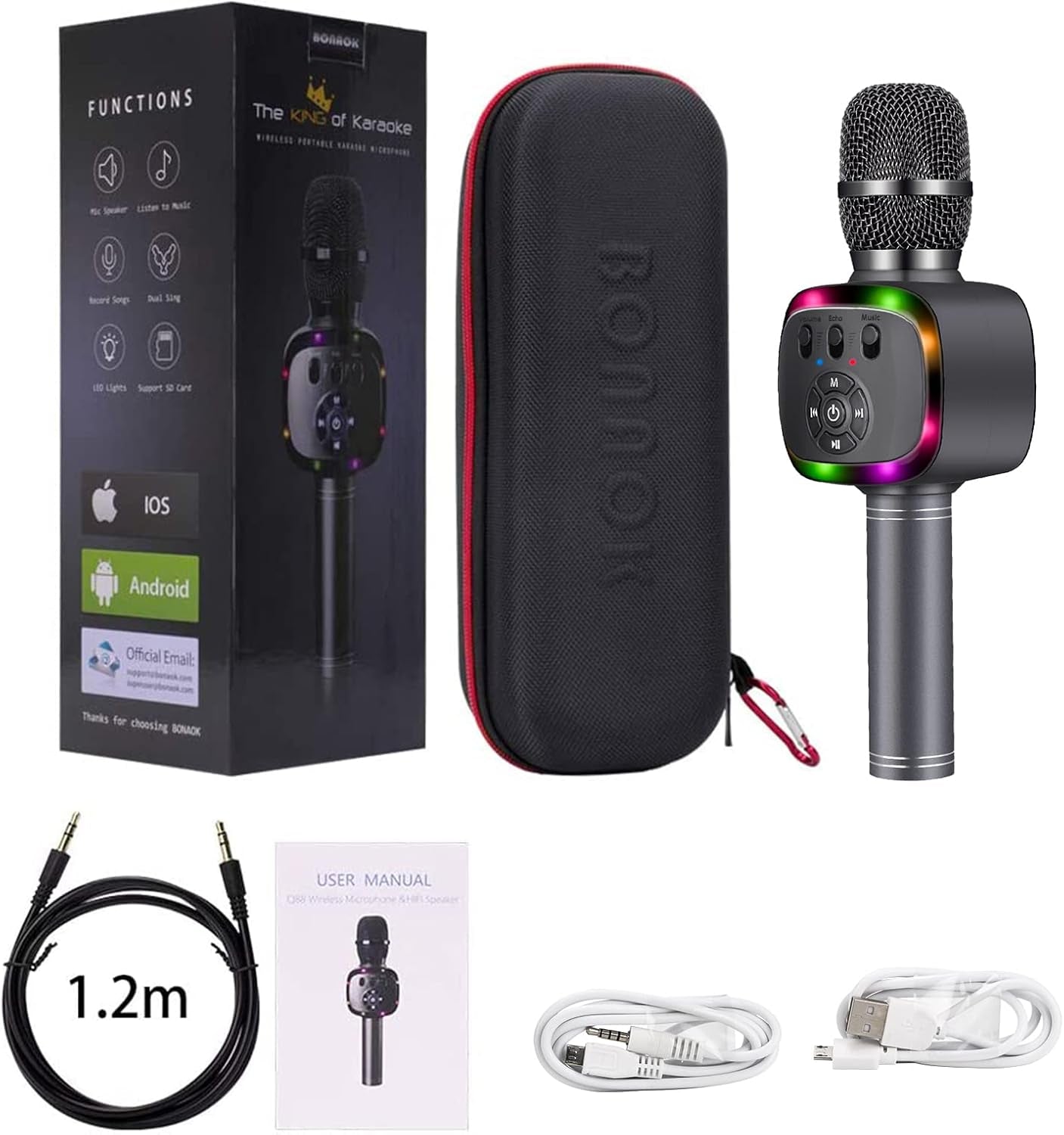 Wireless Bluetooth Karaoke Microphone with Dual Sing, LED Lights, Portable Handheld Mic Speaker Machine for Kids Toys/Pc/Outdoor/Birthday/Home/Party(Space Gray)