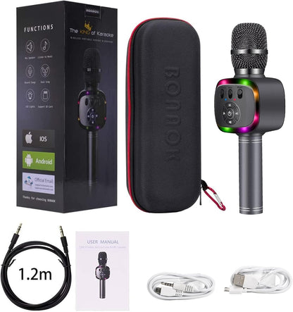 Wireless Bluetooth Karaoke Microphone with Dual Sing, LED Lights, Portable Handheld Mic Speaker Machine for Kids Toys/Pc/Outdoor/Birthday/Home/Party(Space Gray)