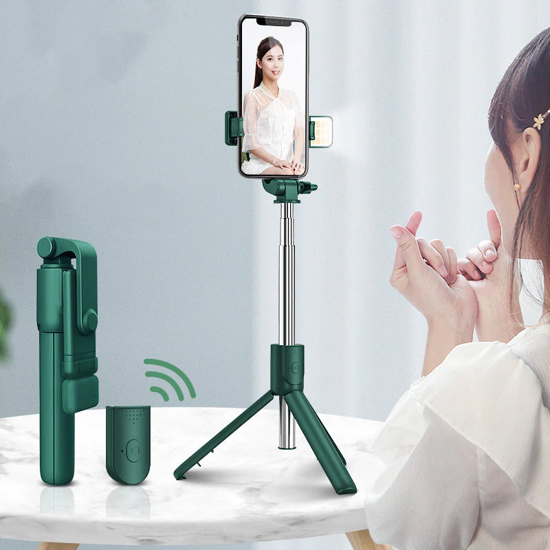 Universal Bluetooth Selfie Stick for Apple, Integrated Phone Stand with Remote Control for Live Streaming and Photography