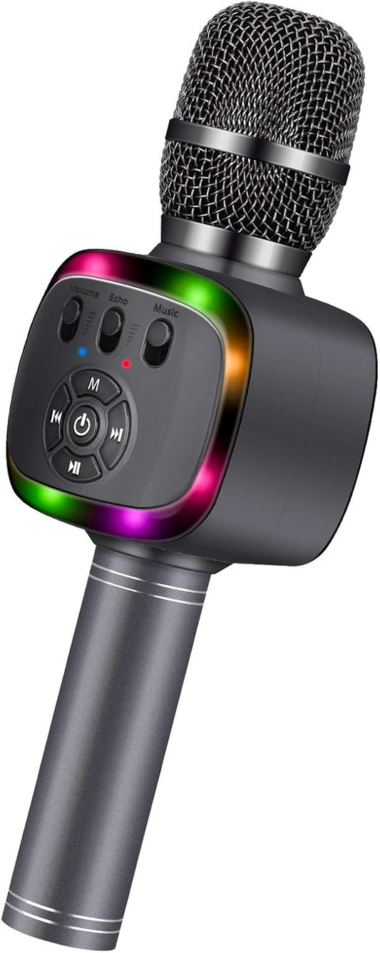 Wireless Bluetooth Karaoke Microphone with Dual Sing, LED Lights, Portable Handheld Mic Speaker Machine for Kids Toys/Pc/Outdoor/Birthday/Home/Party(Space Gray)
