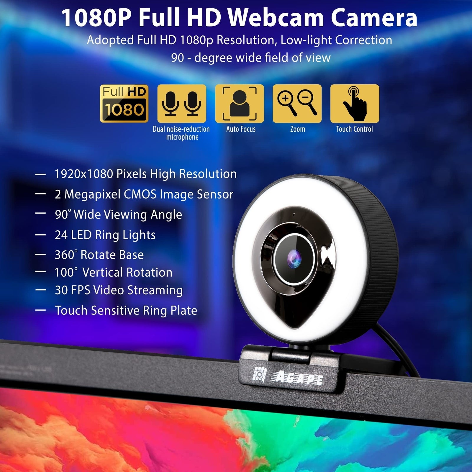 Agape Streaming Webcam with Dual Microphone 1080P Adjustable Right Light Pro ...
