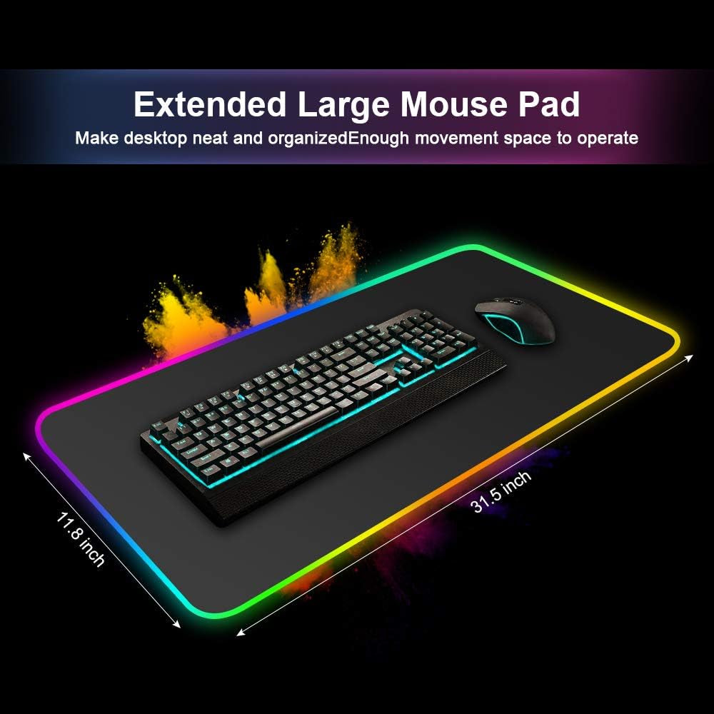 RGB Gaming Mouse Pad, Large Extended Led Mousepad 31.5×12 Inches, Non-Slip Rubber Base Desk Pad with 12 Lighting Modes, Smooth High Precision Mouse Mat for Keyboard Stitched Edges