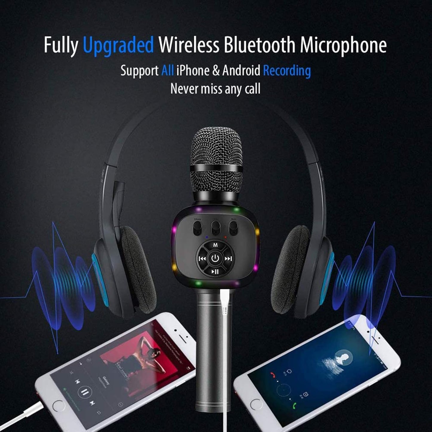 Wireless Bluetooth Karaoke Microphone with Dual Sing, LED Lights, Portable Handheld Mic Speaker Machine for Kids Toys/Pc/Outdoor/Birthday/Home/Party(Space Gray)