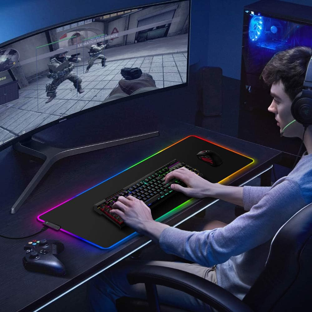 RGB Gaming Mouse Pad, Large Extended Led Mousepad 31.5×12 Inches, Non-Slip Rubber Base Desk Pad with 12 Lighting Modes, Smooth High Precision Mouse Mat for Keyboard Stitched Edges
